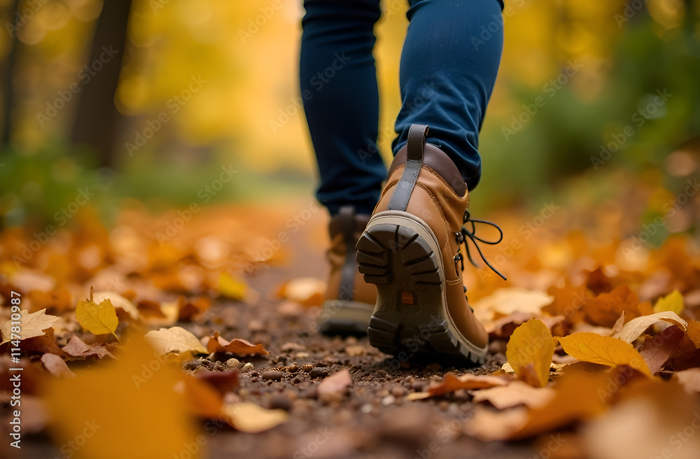 Close-up of female legs in hiking boots walks on ground with yellow-orange dry fall leaves during autumn season in park or forest . Blurred background, selective focus. Close-up of female legs in hiking boots walks on ground with yellow-orange dry fall leaves during autumn season in park or forest . Blurred background, selective focus.