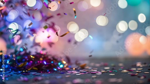 Colorful Confetti Explosion with Bokeh Background and Festive Lighting photo