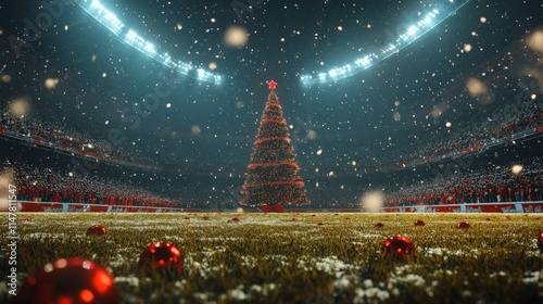 generate a football field with christmas vibes all over the arena. There is a giant christmas tree at the center and the audience on the bleachers are cheering, it is snowing photo