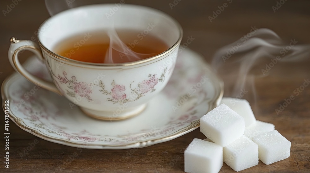 Steaming Cup of Tea with Sugar Cubes on Wooden Table Setting Steaming Cup of Tea with Sugar Cubes on Wooden Table Setting