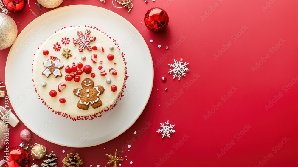 Festive holiday cake with ornaments, decorations on red. Festive holiday cake with ornaments, decorations on red.