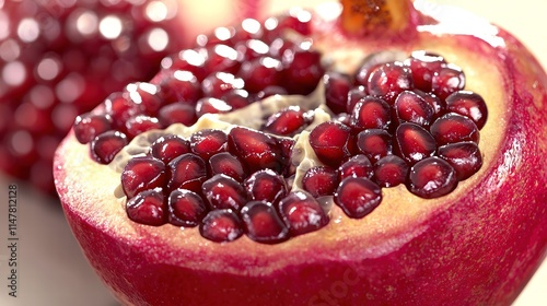 A striking close-up of a pomegranate cut in half, revealing its juicy, jewel-like seeds. The bright red and deep violet hues of the fruit pop against a muted backdrop, making it an eye-catching piece photo