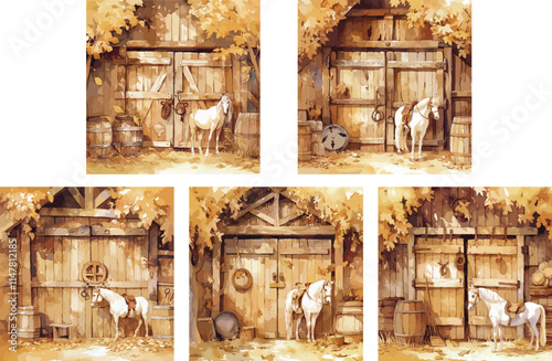 horse stable watercolor clipart