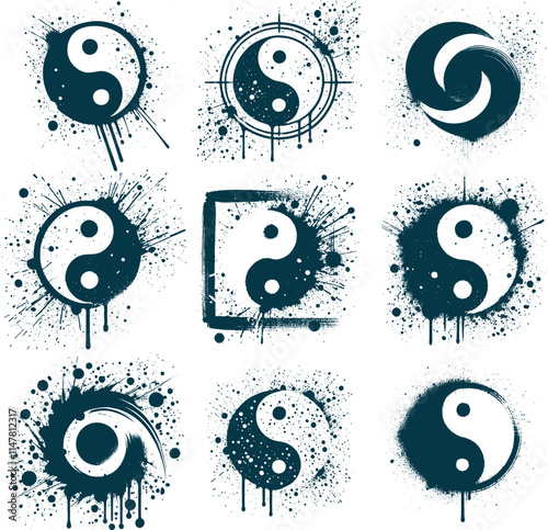 Collection of Yin Yang symbol variations in splatter grunge artistic style for modern spiritual or decorative design projects