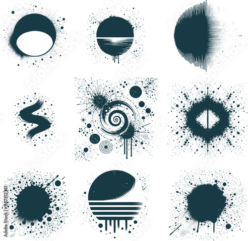 Abstract Shapes and Spiral Design with Modern Grunge Splatter Effects