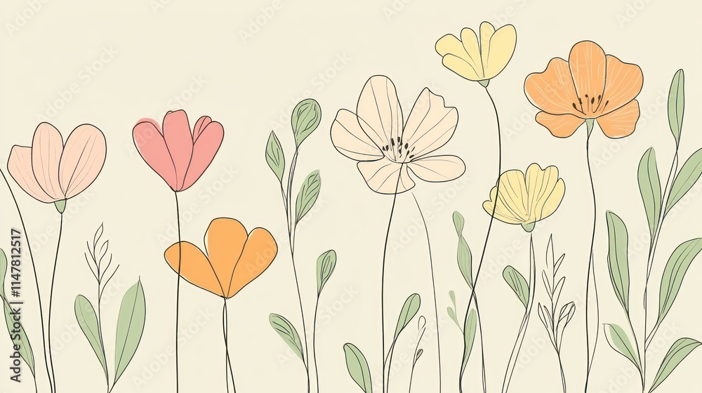 Naklejka premium Pastel floral line art illustration.