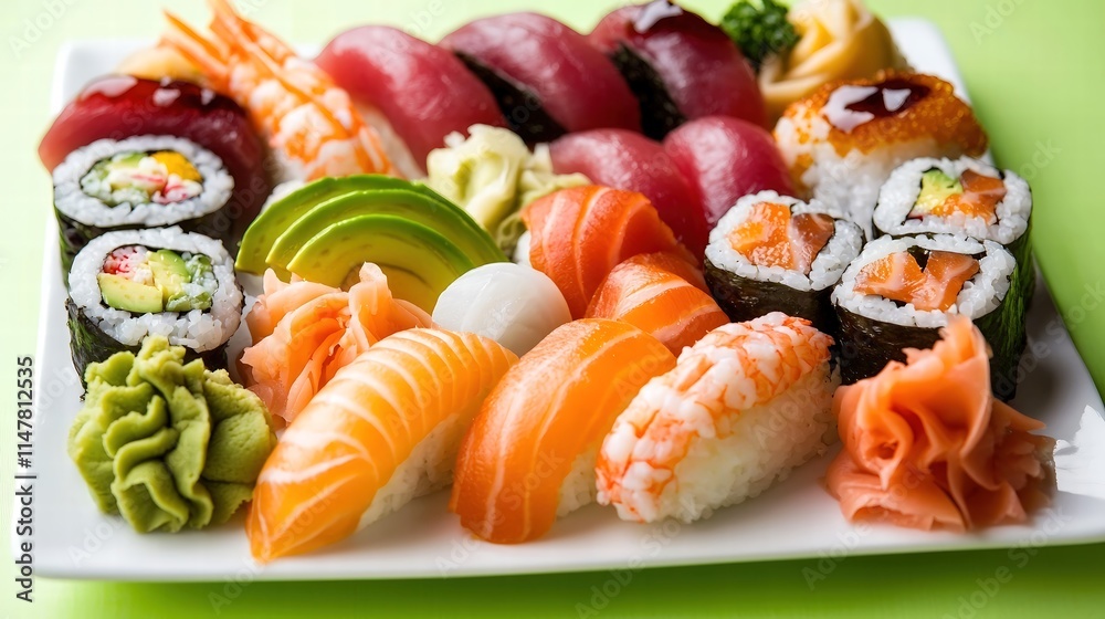 A close-up view of a variety of sushi rolls arranged on a pristine white plate, highlighting the rich textures and vibrant colors of ingredients like fresh fish, bright green avocado, and deep red A close-up view of a variety of sushi rolls arranged on a pristine white plate, highlighting the rich textures and vibrant colors of ingredients like fresh fish, bright green avocado, and deep red