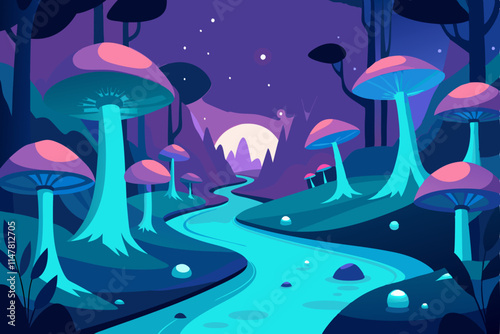 "A Magical Forest with Bioluminescent Trees and Glowing Mushrooms Vector Illustration"

