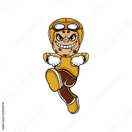 This image depicts a cartoon-style mascot character that combines elements of a cookie and a courier. The character has a cookie-shaped face with a mischievous grin and determined eyes.