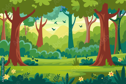 "Landscape with Trees and Birds Vector Illustration"

