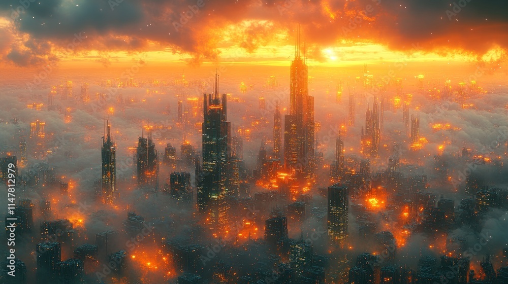 Fototapeta premium Futuristic city, fiery sunset, smog-filled sky.