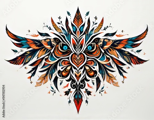 Un diseño de tatuaje tribal vibrante e intrincado sobre un fondo blanco nítido, con líneas negras audaces y colores vibrantes que evocan la rica herencia cultural de las comunidades indígenas