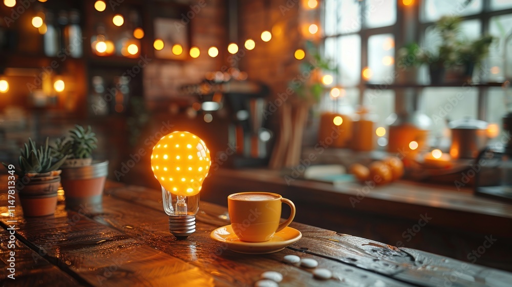 A cozy caf? scene featuring a light bulb lamp and a cup of coffee on a wooden table. A cozy caf? scene featuring a light bulb lamp and a cup of coffee on a wooden table.