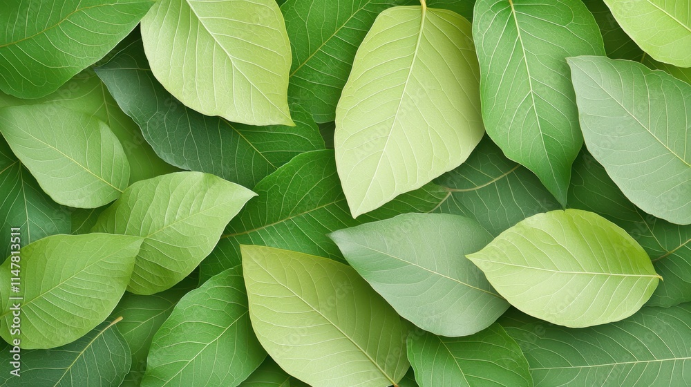Obraz premium The green leaves pattern background features various shades of green leaves overlapping each other, creating a lush and vibrant natural background perfect for wallpapers.