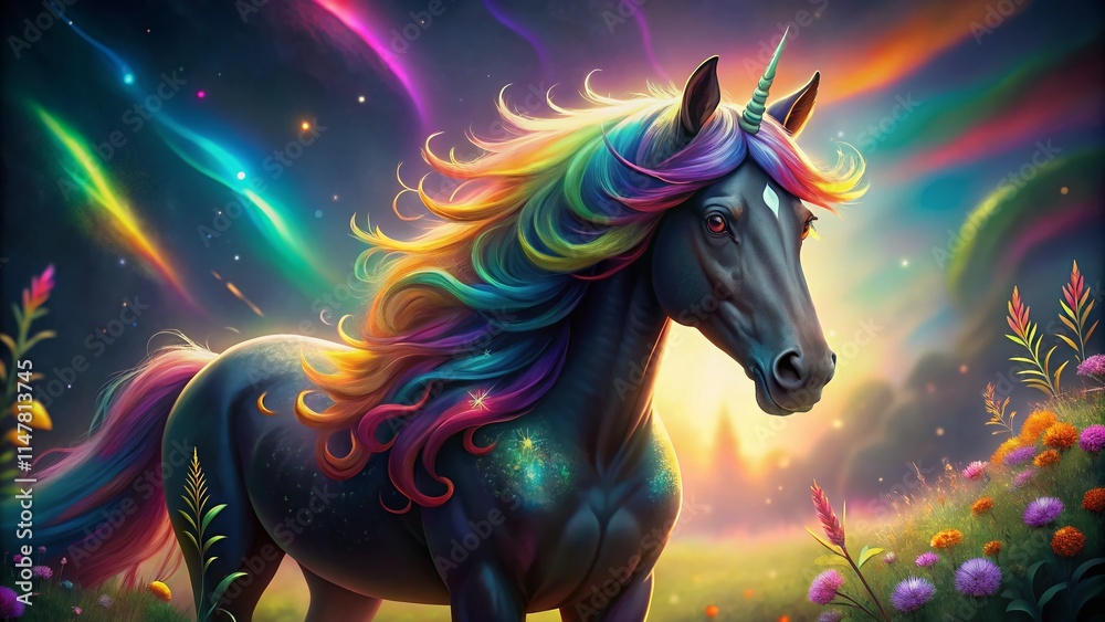 Cute Black Unicorn Rainbow Hair, Magical Creature, Fantasy Horse, Adorable Pony, Mythical Beast Illustration Cute Black Unicorn Rainbow Hair, Magical Creature, Fantasy Horse, Adorable Pony, Mythical Beast Illustration