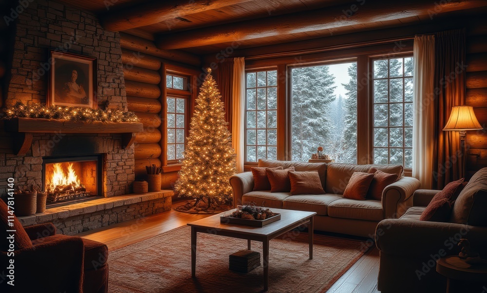 Cozy winter cabin with festive decor Cozy winter cabin with festive decor