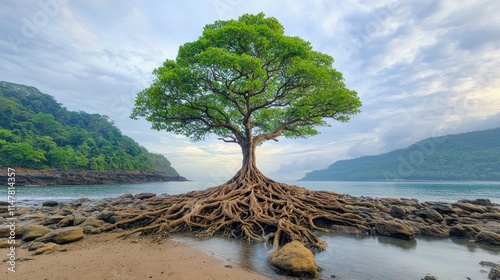 The impressive tree towers above the rugged shoreline, its extensive roots reaching out like tentacles over the rocks and water below