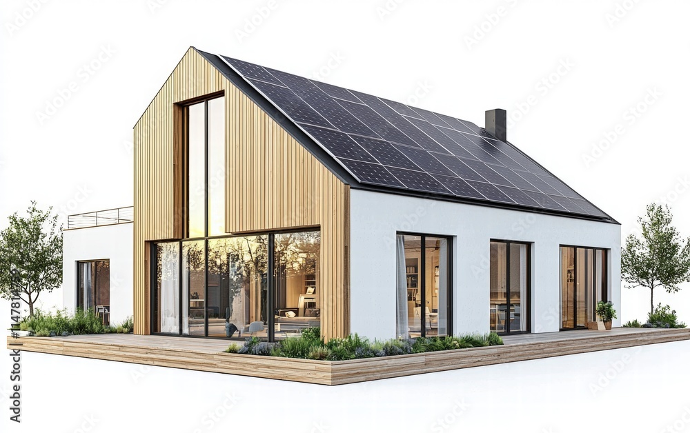 A Scandinavian house with solar panels isolated on a white background, showcasing clean lines and wooden details A Scandinavian house with solar panels isolated on a white background, showcasing clean lines and wooden details