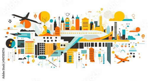 Vector illustration of city with airplanes flying above, geometric buildings.