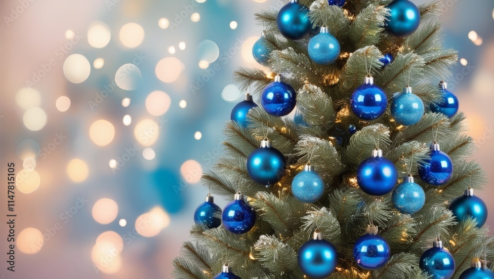 Christmas tree with blue baubles on bokeh background. Christmas tree with blue baubles on bokeh background.