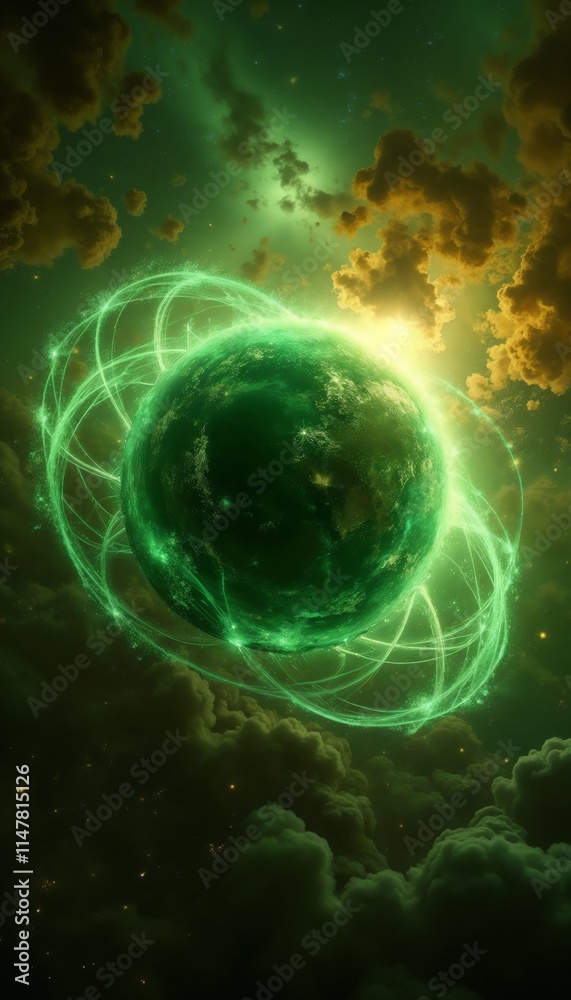 Obraz premium Green planet with glowing rings in cosmic mist and starry sky.Energy. Mystery. The beauty of the cosmos. Sci-fi banner, fantasy book cover, space-themed design, poster concept. 