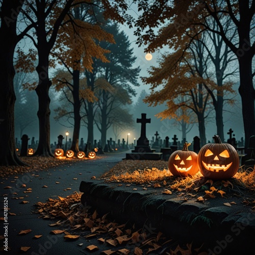 Halloween pumpkins in cemetery at night. Halloween holiday concept. photo