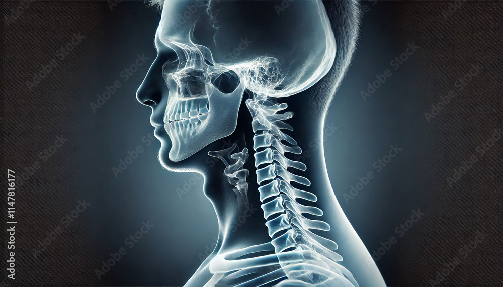 An X-ray image of the human neck focusing on the cervical vertebrae and spinal alignment for diagnostic and educational purposes. An X-ray image of the human neck focusing on the cervical vertebrae and spinal alignment for diagnostic and educational purposes.