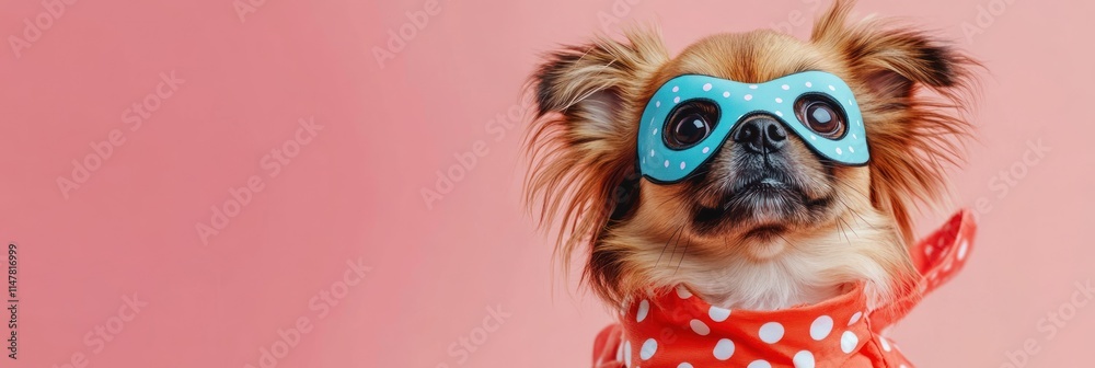 Fototapeta premium Small dog wearing mask and red bandana on pink background.