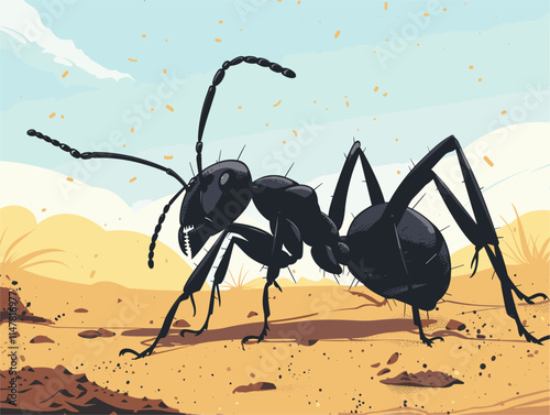 Ants Work Ethic: An industrious worker ant carrying its heavy load through an idyllic landscape