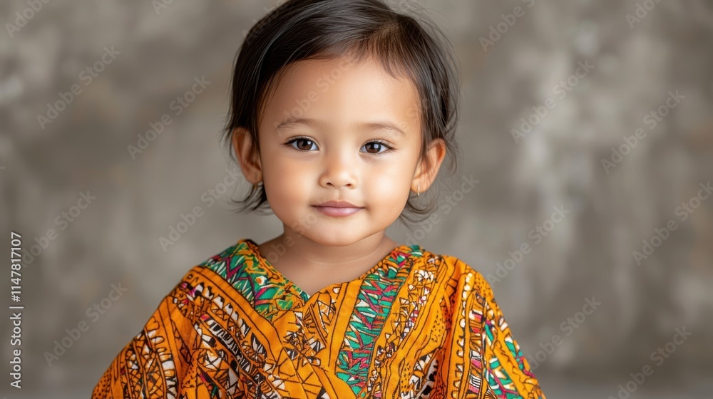 The portrait depicts a young child with deep brown eyes and smooth, dark skin, wearing traditional tribal clothing adorned with vibrant patterns representing their culture and heritage The portrait depicts a young child with deep brown eyes and smooth, dark skin, wearing traditional tribal clothing adorned with vibrant patterns representing their culture and heritage
