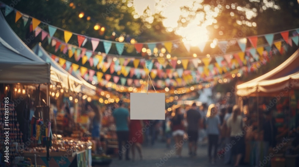 Blurred outdoor market scene with string flags and blank sign. Blurred outdoor market scene with string flags and blank sign.