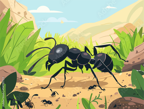 Ant Gaster: The abdomen of a worker ant, potentially filled with food for the colony or carrying developing eggs. Depicted in a flat style landscape in the style of animated illustrations.