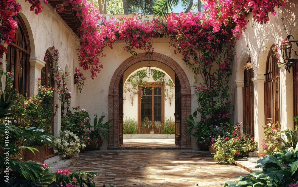 Fototapeta premium A Spanish-inspired home with arched doorways, a central courtyard, and vibrant bougainvillea