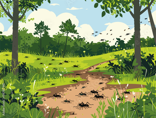 Ant Pheromone Trails: The Invisible Guiding Force of the Insect World, Uncovered in a Captivating Flat Style Landscape