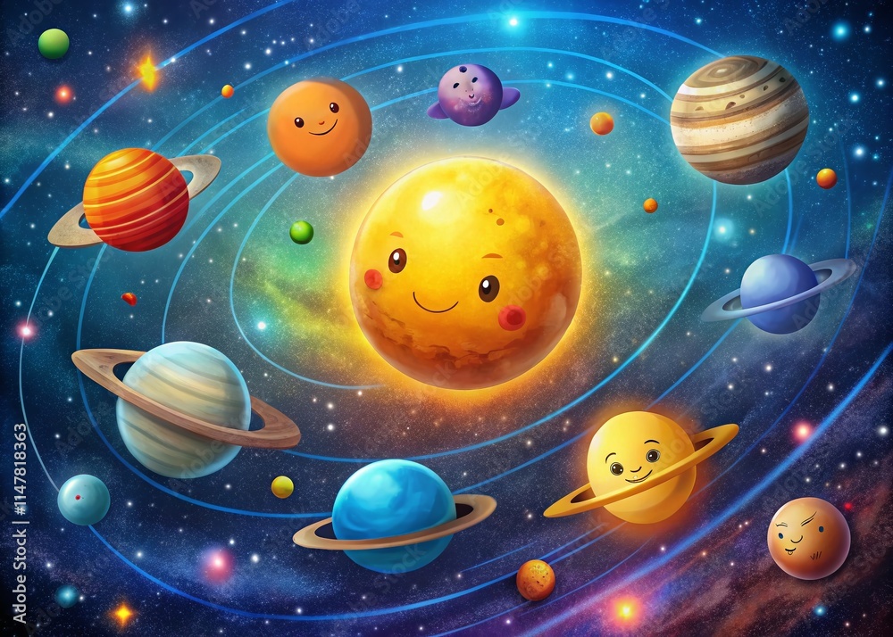 Naklejka premium Cute Solar System Cartoon Low Light Photography, Night Sky Planets, Galaxy Illustration, Space Art, Kids Astronomy