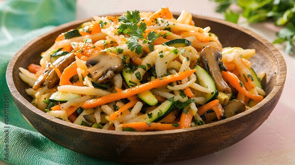An eye-catching composition of a lively vegetable stir-fry with a variety of textures, showcasing vibrant carrots, zucchini, and mushrooms, meticulously placed in a rustic wooden bowl. The bright An eye-catching composition of a lively vegetable stir-fry with a variety of textures, showcasing vibrant carrots, zucchini, and mushrooms, meticulously placed in a rustic wooden bowl. The bright