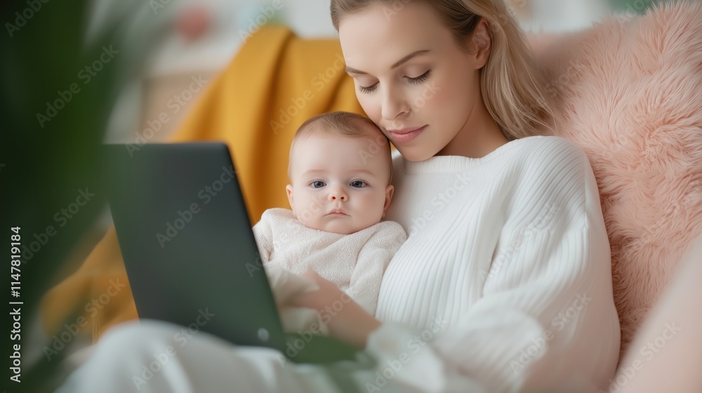 Working Mom Motherhood. A mother works on a laptop while holding her baby in a cozy setting. Working Mom Motherhood. A mother works on a laptop while holding her baby in a cozy setting.