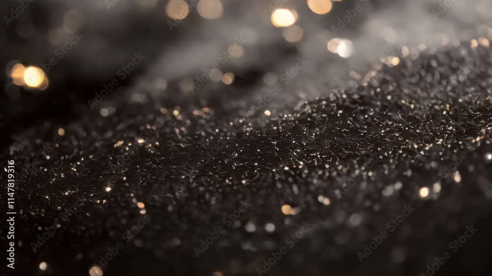 Sparkling black and gold glitters are scattered on a black surface Sparkling black and gold glitters are scattered on a black surface