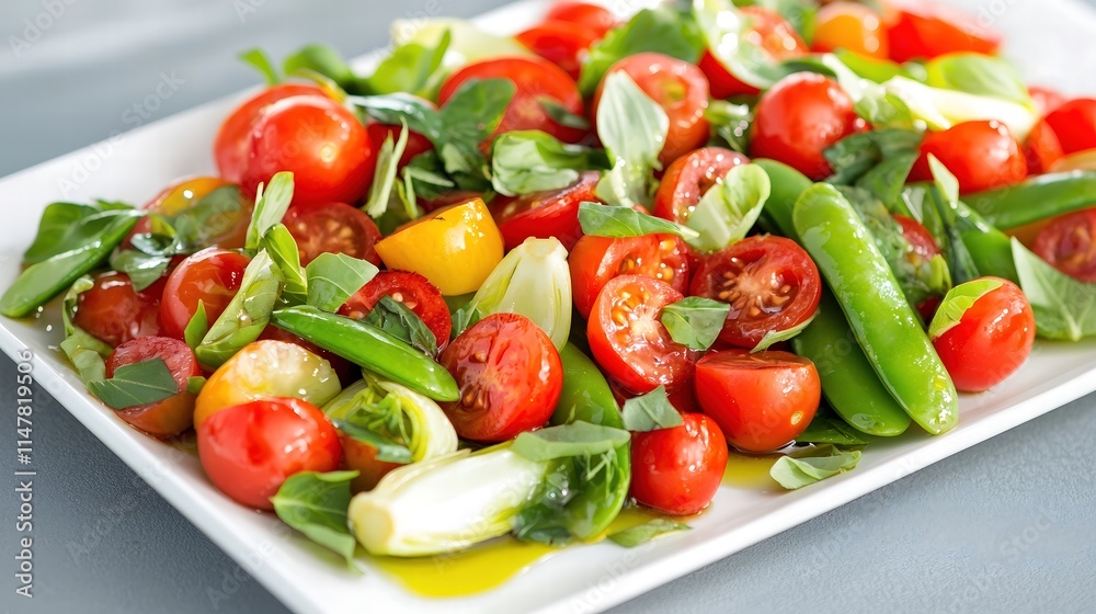 An artistic display of a fresh vegetable stir-fry featuring an assortment of cherry tomatoes, crisp bok choy, and snap peas, cascading over a creamy white rectangular platter. The colors burst An artistic display of a fresh vegetable stir-fry featuring an assortment of cherry tomatoes, crisp bok choy, and snap peas, cascading over a creamy white rectangular platter. The colors burst