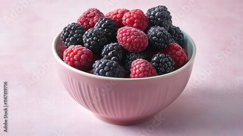 A close-up shot of a bowl filled to the brim with plump, colorful berries on a soft, uniform-colored backdrop. The lighting highlights the textures and dewdrops on the fruit, creating an eye-catching