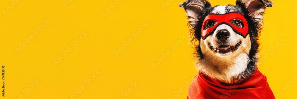 Superhero dog with red mask and cape on yellow backdrop. Superhero dog with red mask and cape on yellow backdrop.