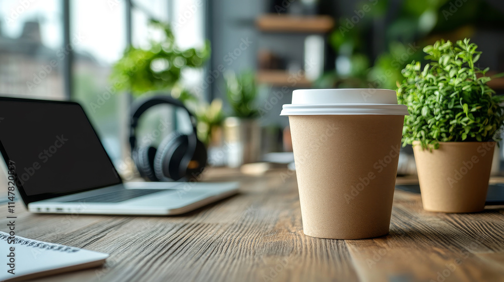A cozy workspace with a laptop, headphones, and a cup of coffee. The warm lighting and plants create a serene atmosphere. A cozy workspace with a laptop, headphones, and a cup of coffee. The warm lighting and plants create a serene atmosphere.