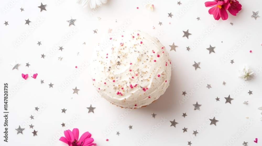 Creamy donut with pink sprinkles and star decor.