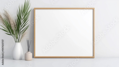 Minimalist golden picture frame with a small vase and plant against a light wall background, offering a clean and modern aesthetic. photo