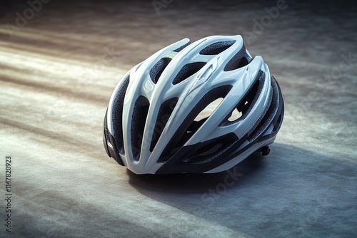 minimalist bike helmet resting on matte surface with soft directional lighting and faint shadow photo