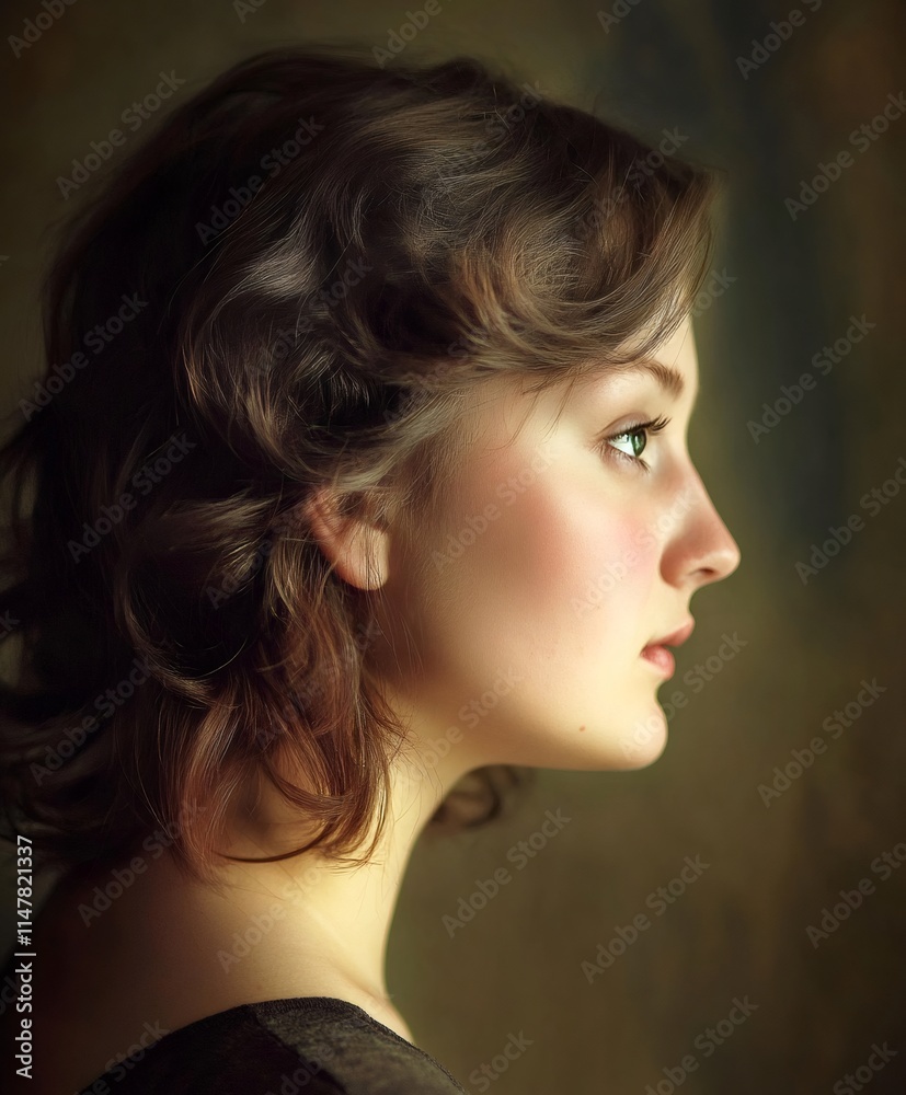 Wavy haired woman gazing pensively, embodying grace in soft studio lighting, revealing delicate facial features Wavy haired woman gazing pensively, embodying grace in soft studio lighting, revealing delicate facial features