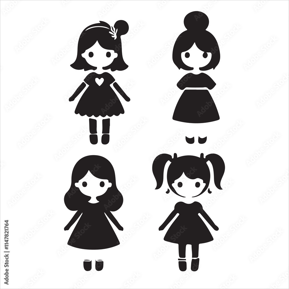 Charming Black Silhouette Little Girls Illustrations Set Two Charming Black Silhouette Little Girls Illustrations Set Two