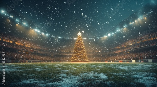 generate a football field with christmas vibes all over the arena. There is a giant christmas tree at the center and the audience on the bleachers are cheering, it is snowing photo