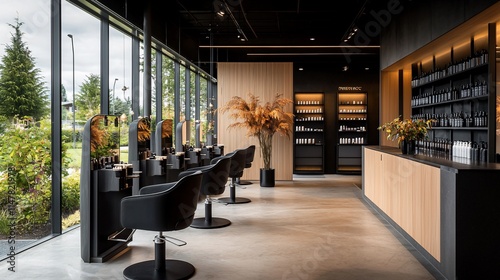 Wallpaper Mural Modern hair salon interior with stylish chairs, large windows, and wooden accents. Torontodigital.ca