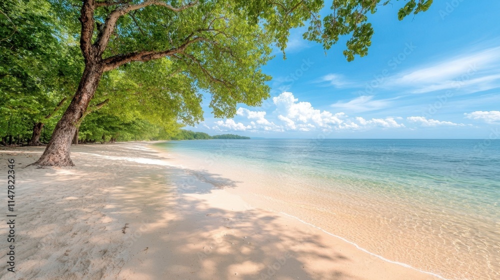 The tranquil beach is lined with lush trees that sway gently in the breeze, framing the golden sand that glimmers under the warm sun The tranquil beach is lined with lush trees that sway gently in the breeze, framing the golden sand that glimmers under the warm sun